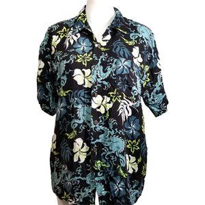 Men's Dragon Floral Graphic Hawaiian Shirt XL Button Pocket Casual Navy Blue Ray